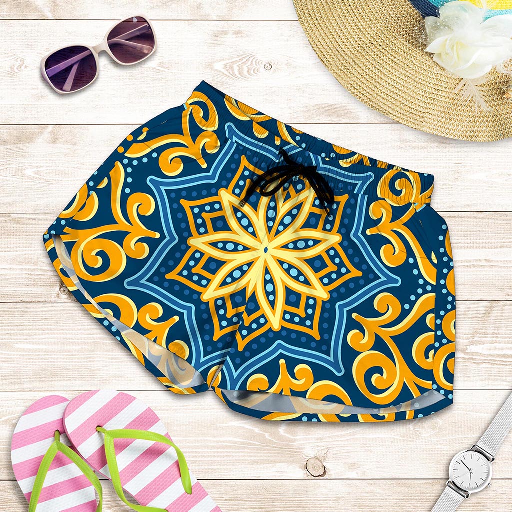 Blue And Gold Bohemian Mandala Print Women's Shorts