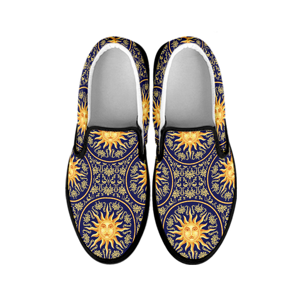 Blue And Gold Celestial Pattern Print Black Slip On Shoes