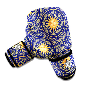 Blue And Gold Celestial Pattern Print Boxing Gloves