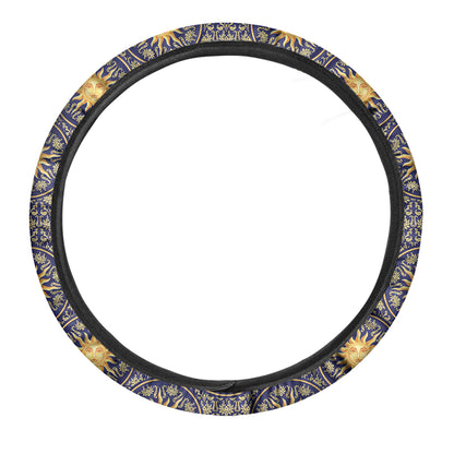 Blue And Gold Celestial Pattern Print Car Steering Wheel Cover