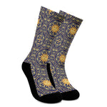 Blue And Gold Celestial Pattern Print Crew Socks