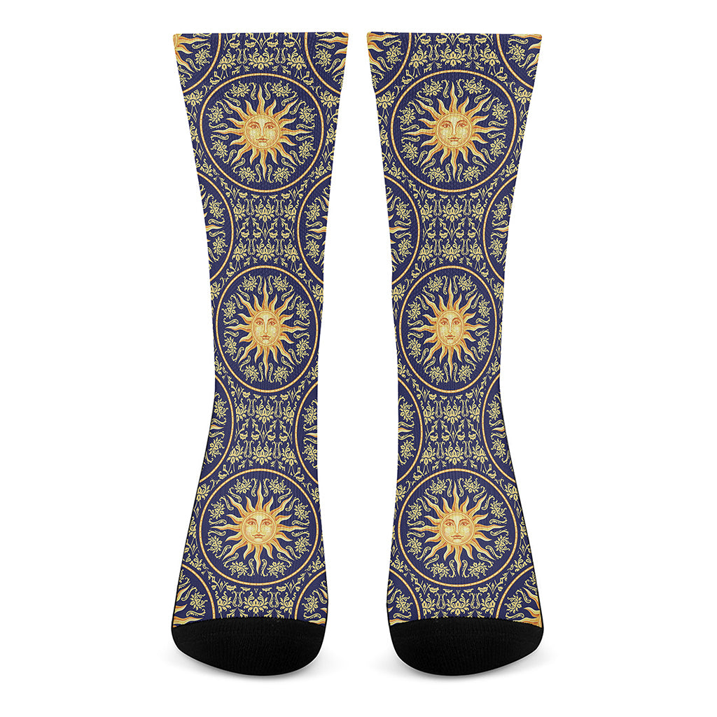 Blue And Gold Celestial Pattern Print Crew Socks