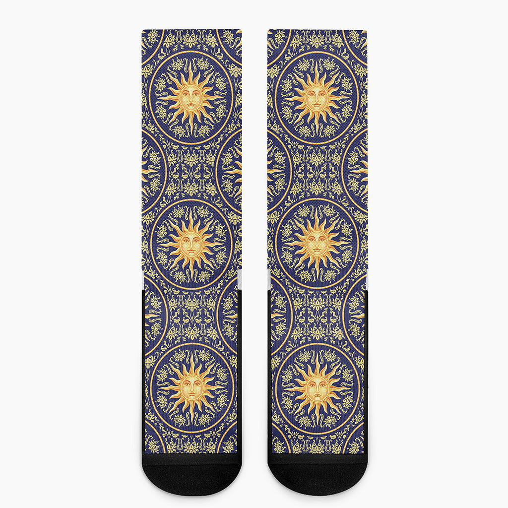 Blue And Gold Celestial Pattern Print Crew Socks