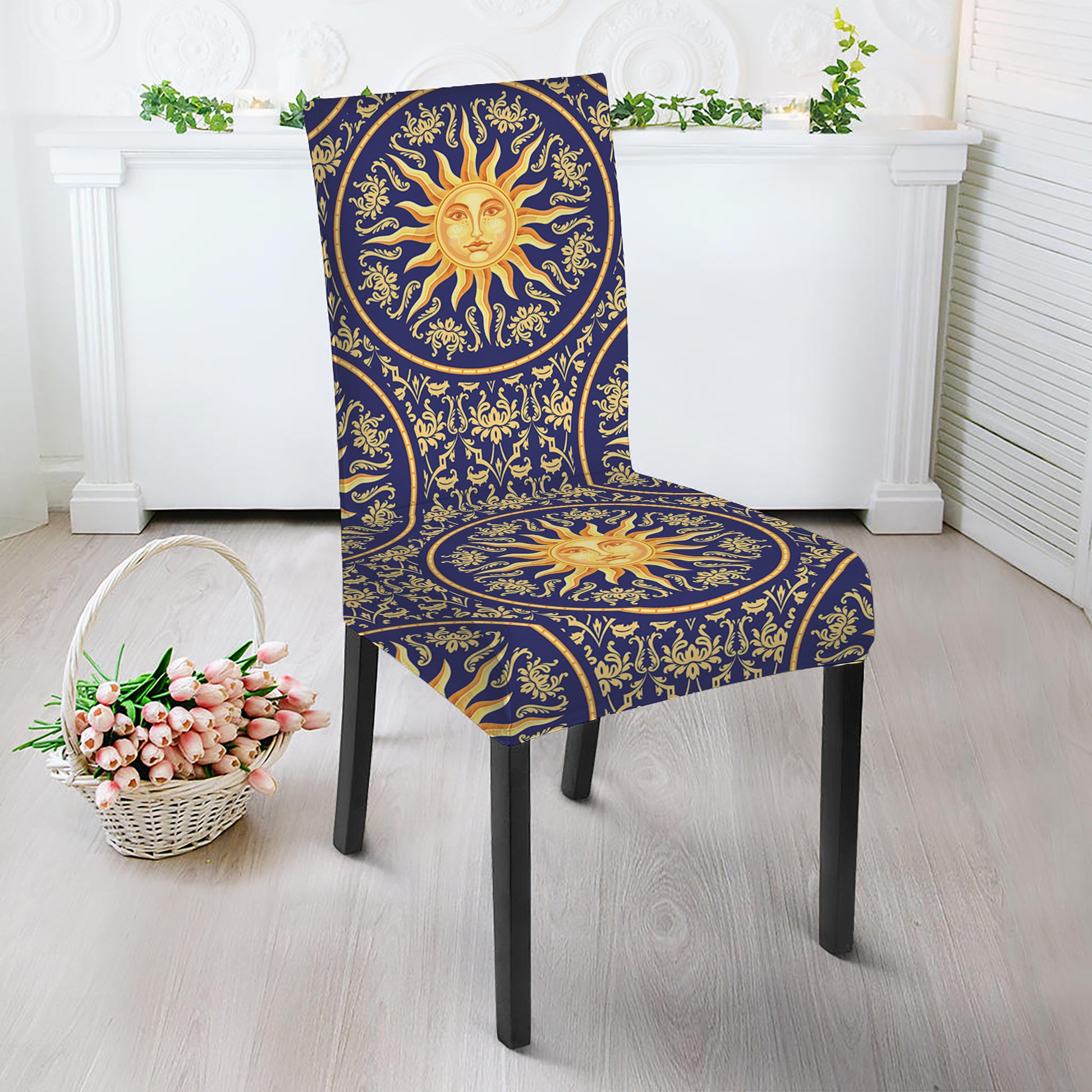 Blue And Gold Celestial Pattern Print Dining Chair Slipcover