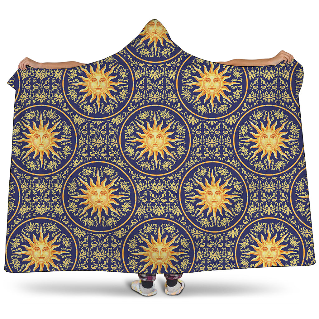 Blue And Gold Celestial Pattern Print Hooded Blanket