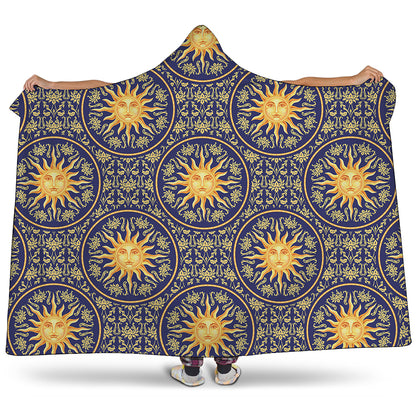 Blue And Gold Celestial Pattern Print Hooded Blanket