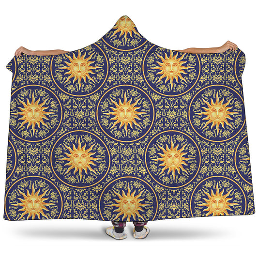 Blue And Gold Celestial Pattern Print Hooded Blanket