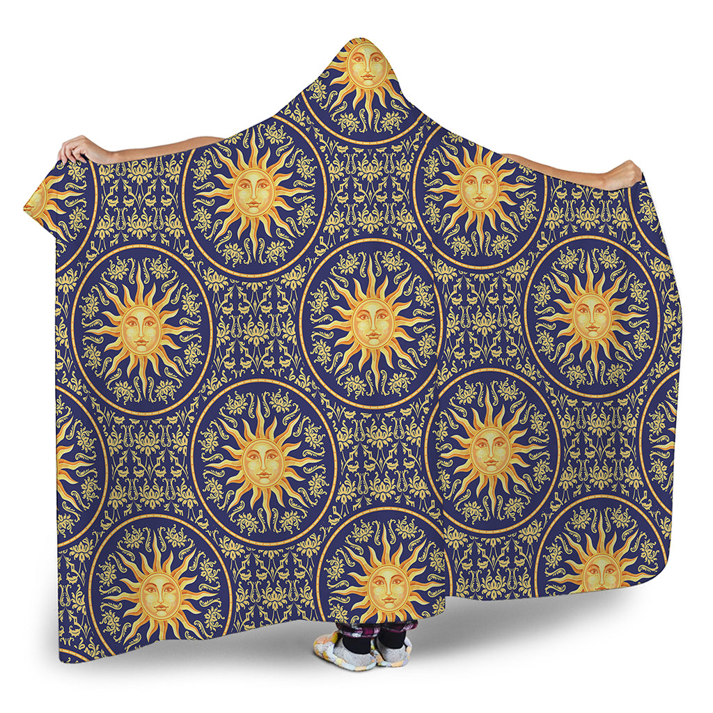 Blue And Gold Celestial Pattern Print Hooded Blanket