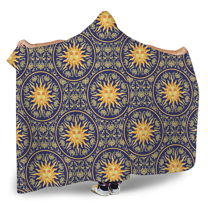 Blue And Gold Celestial Pattern Print Hooded Blanket