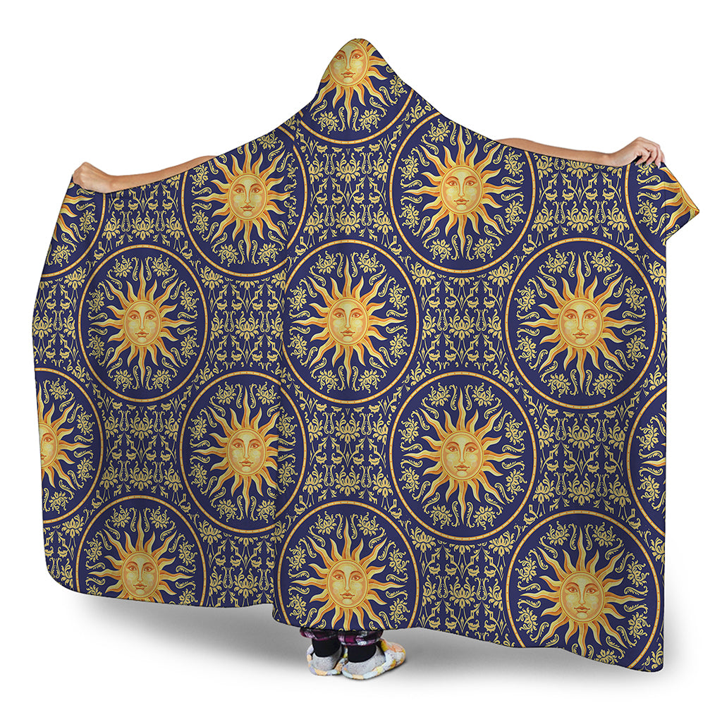 Blue And Gold Celestial Pattern Print Hooded Blanket