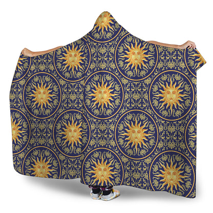 Blue And Gold Celestial Pattern Print Hooded Blanket