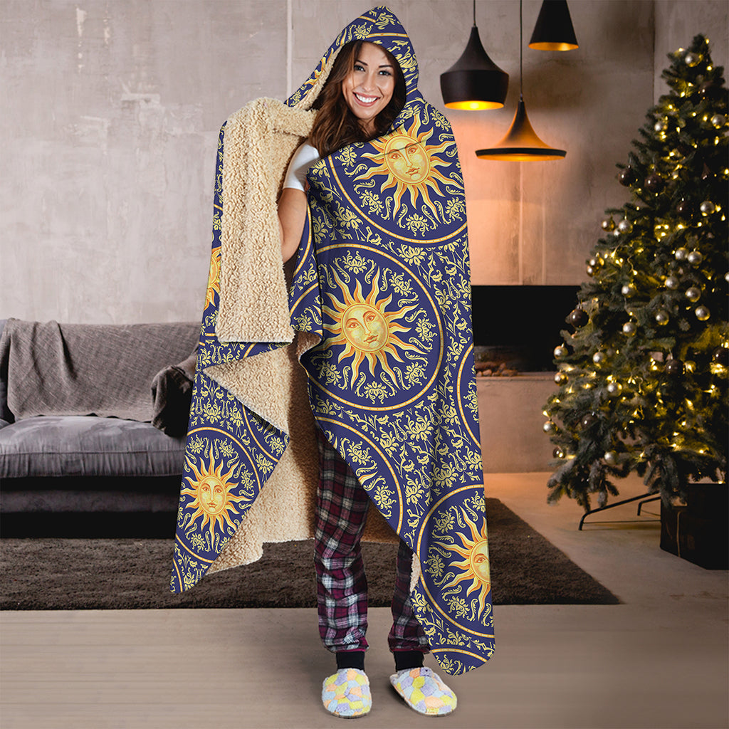 Blue And Gold Celestial Pattern Print Hooded Blanket