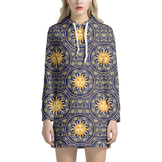 Blue And Gold Celestial Pattern Print Hoodie Dress