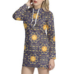 Blue And Gold Celestial Pattern Print Hoodie Dress