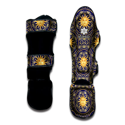 Blue And Gold Celestial Pattern Print Muay Thai Shin Guard