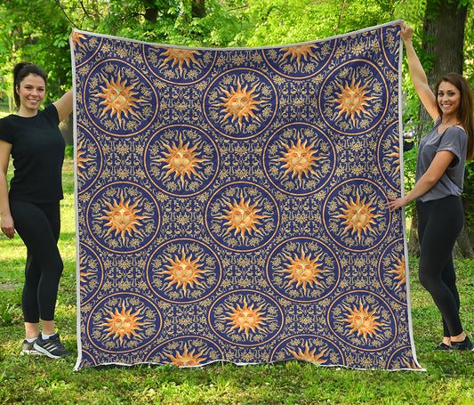 Blue And Gold Celestial Pattern Print Quilt