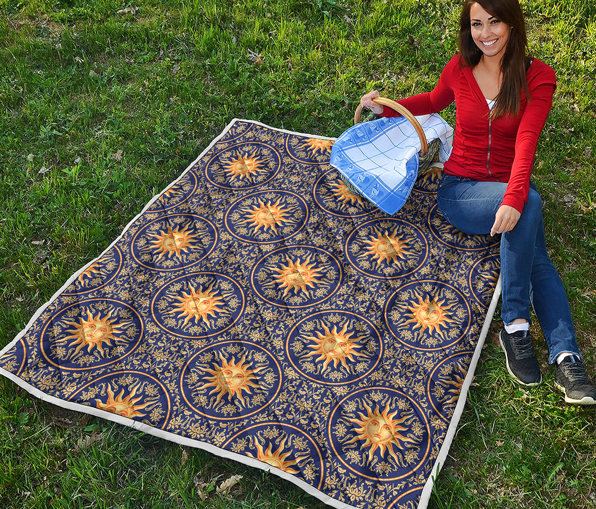 Blue And Gold Celestial Pattern Print Quilt