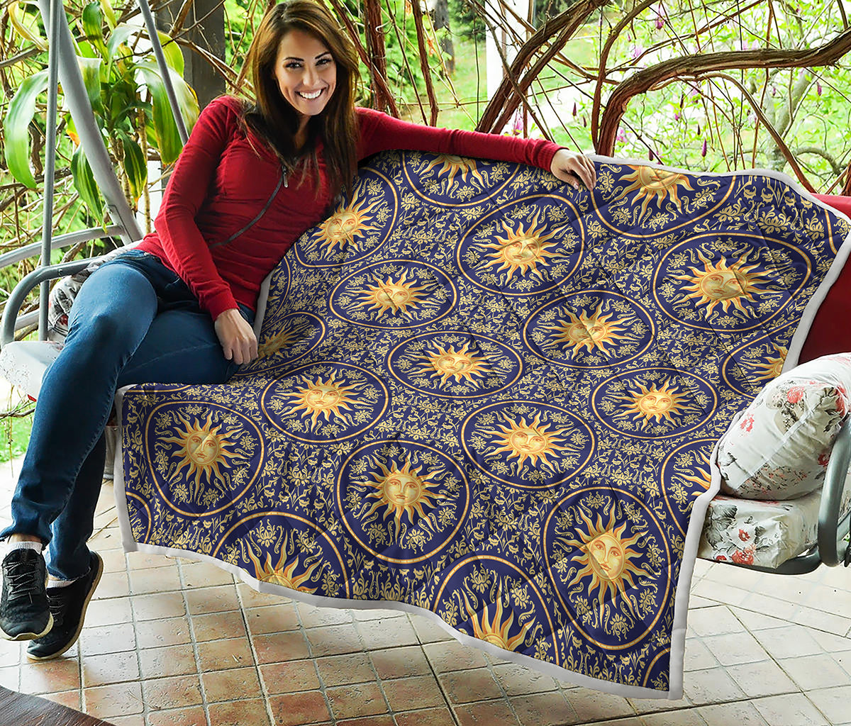 Blue And Gold Celestial Pattern Print Quilt