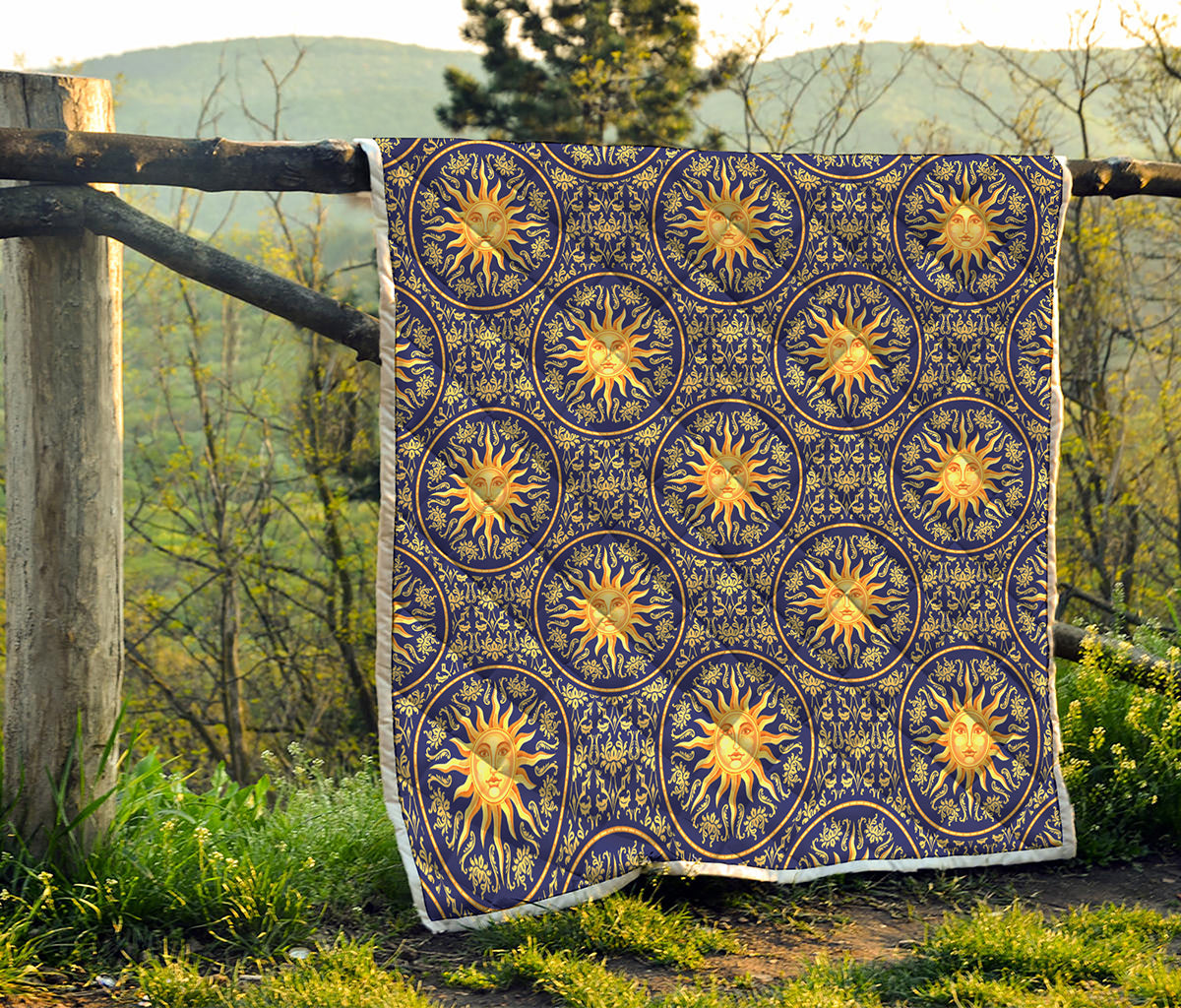 Blue And Gold Celestial Pattern Print Quilt