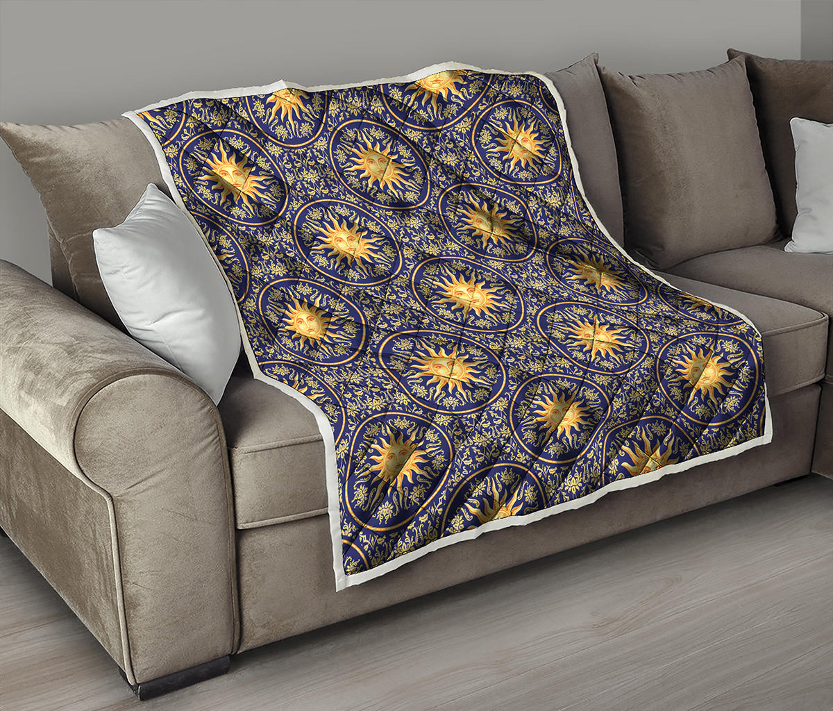 Blue And Gold Celestial Pattern Print Quilt