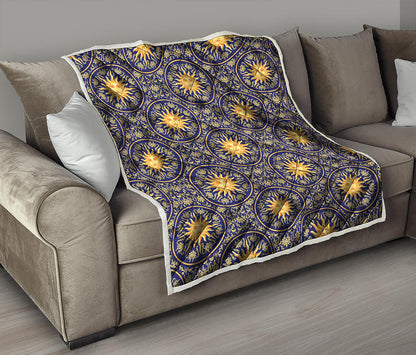 Blue And Gold Celestial Pattern Print Quilt