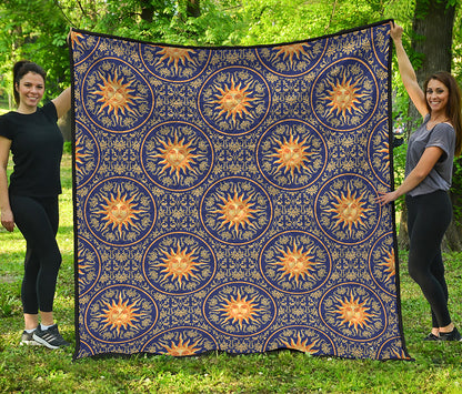 Blue And Gold Celestial Pattern Print Quilt
