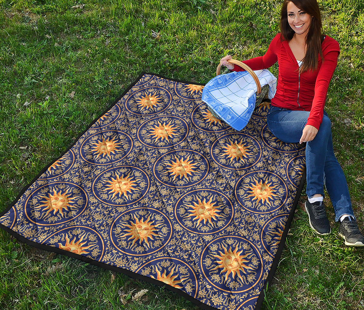 Blue And Gold Celestial Pattern Print Quilt