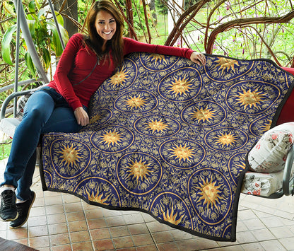 Blue And Gold Celestial Pattern Print Quilt