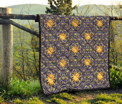 Blue And Gold Celestial Pattern Print Quilt