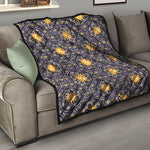 Blue And Gold Celestial Pattern Print Quilt