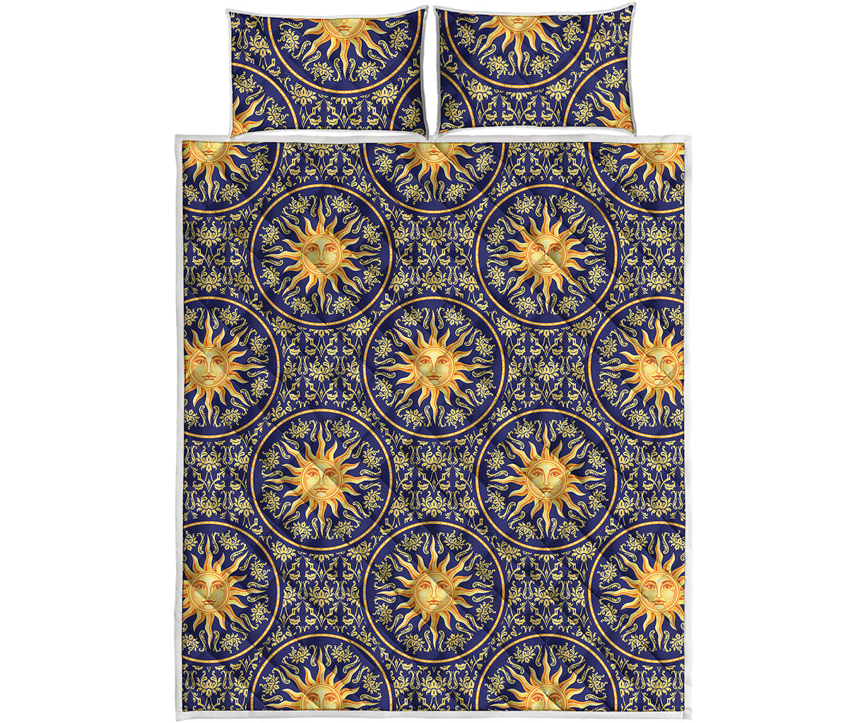 Blue And Gold Celestial Pattern Print Quilt Bed Set