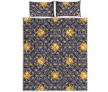 Blue And Gold Celestial Pattern Print Quilt Bed Set