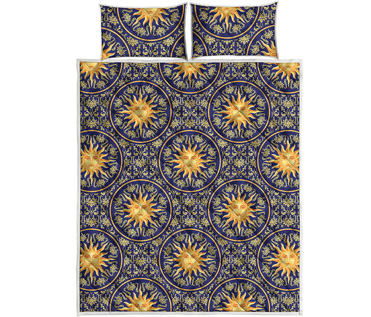 Blue And Gold Celestial Pattern Print Quilt Bed Set