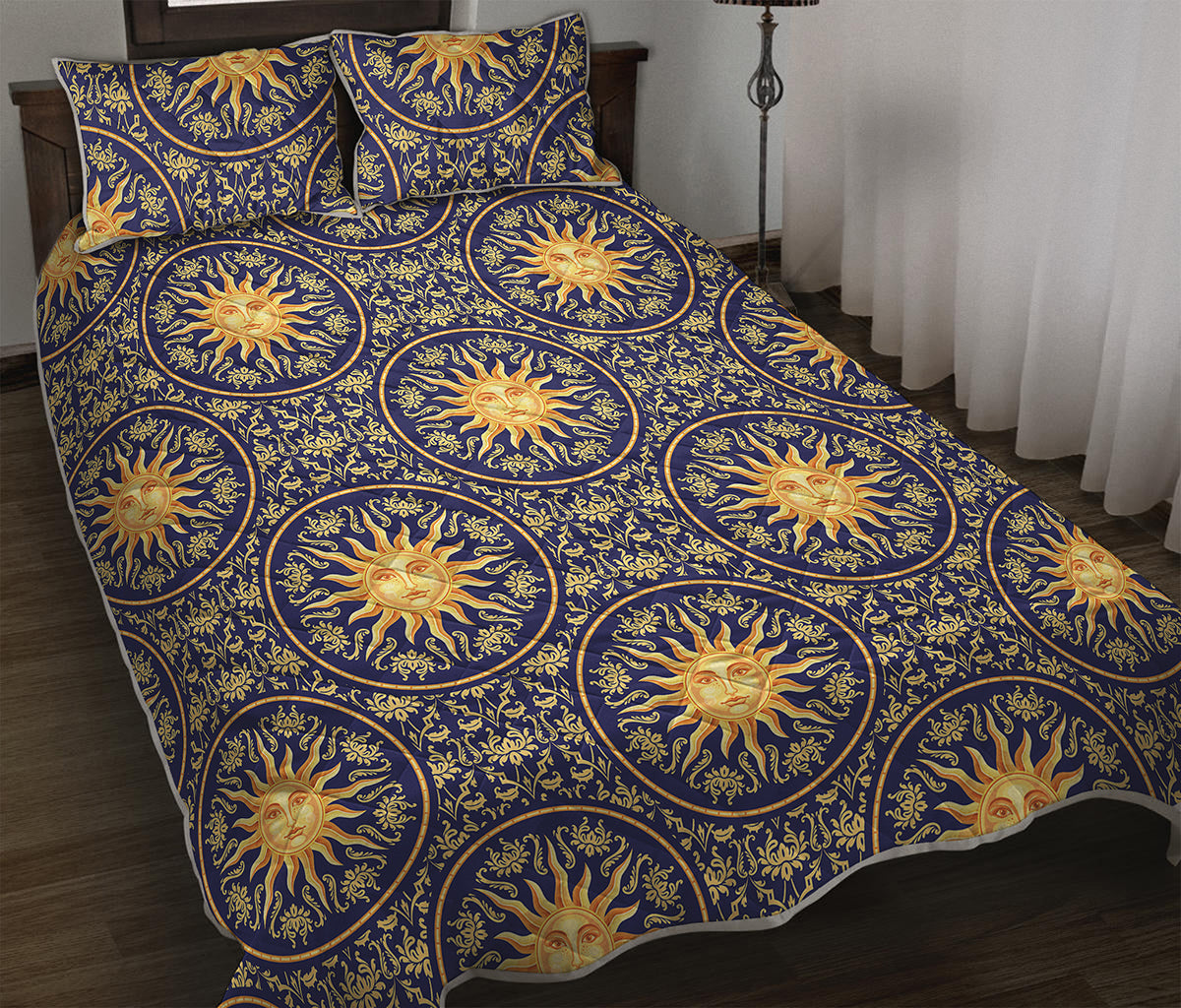 Blue And Gold Celestial Pattern Print Quilt Bed Set