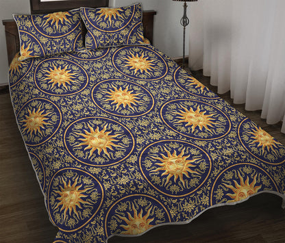 Blue And Gold Celestial Pattern Print Quilt Bed Set