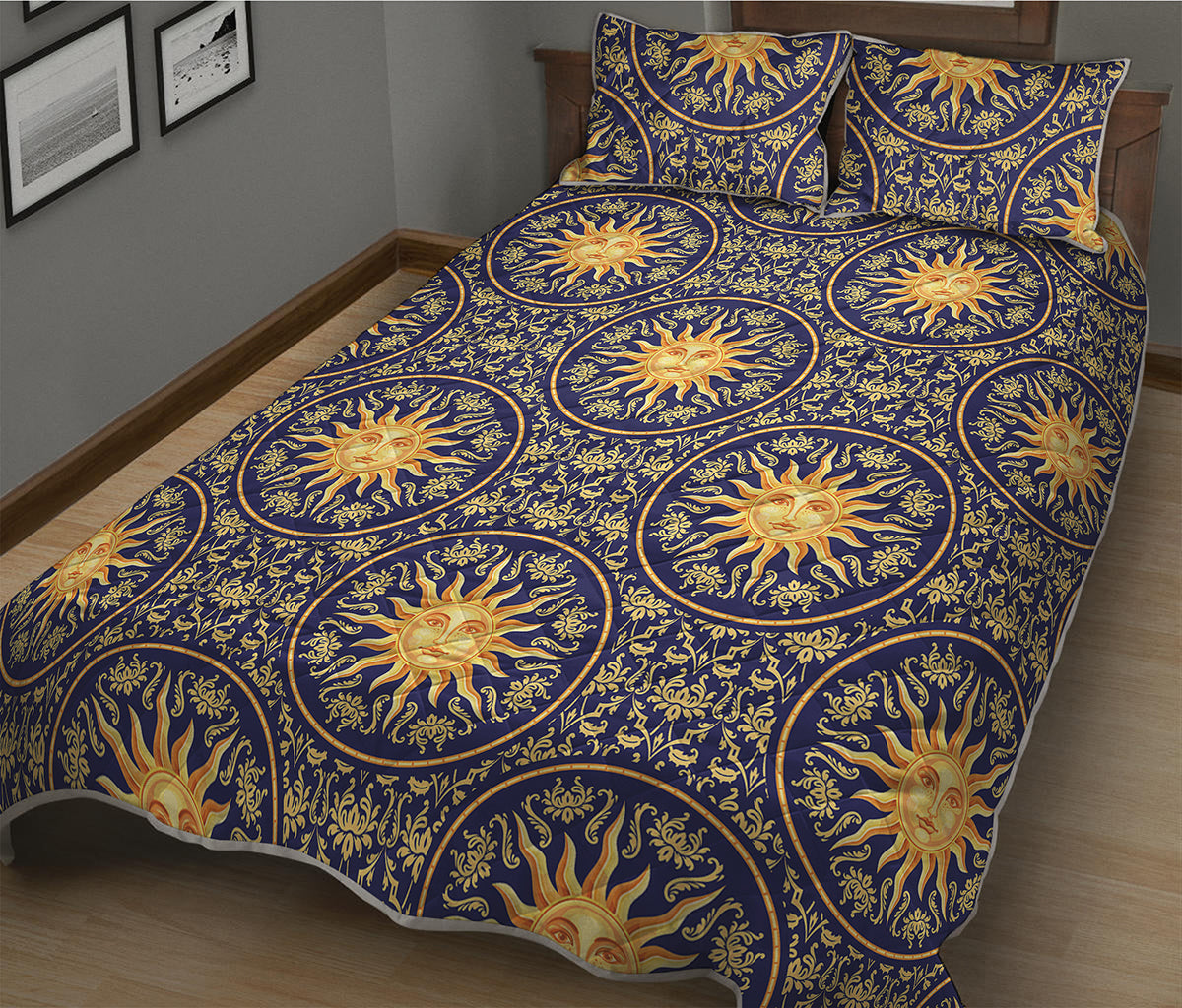 Blue And Gold Celestial Pattern Print Quilt Bed Set