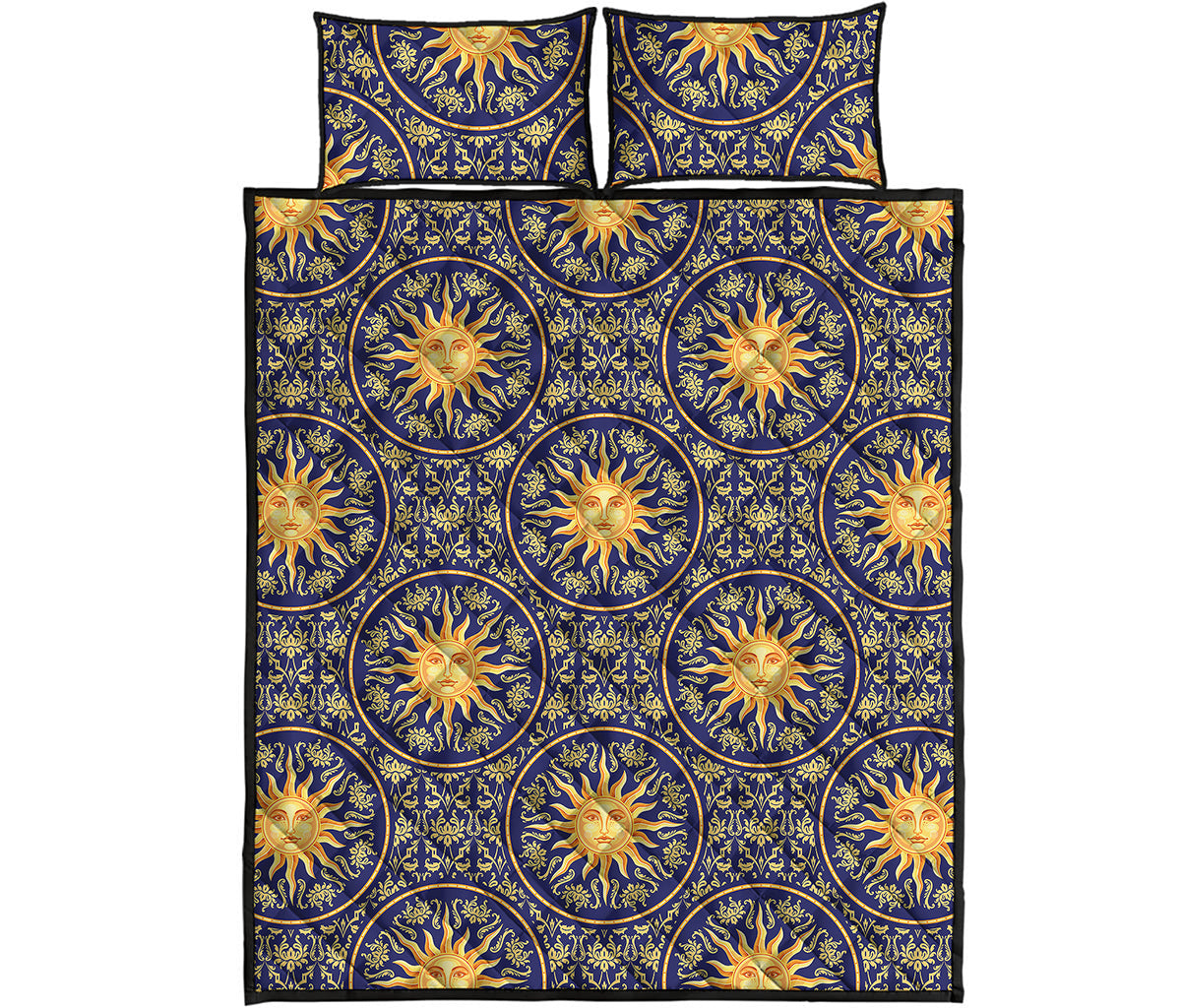 Blue And Gold Celestial Pattern Print Quilt Bed Set
