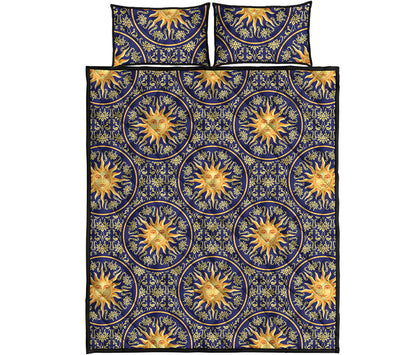 Blue And Gold Celestial Pattern Print Quilt Bed Set
