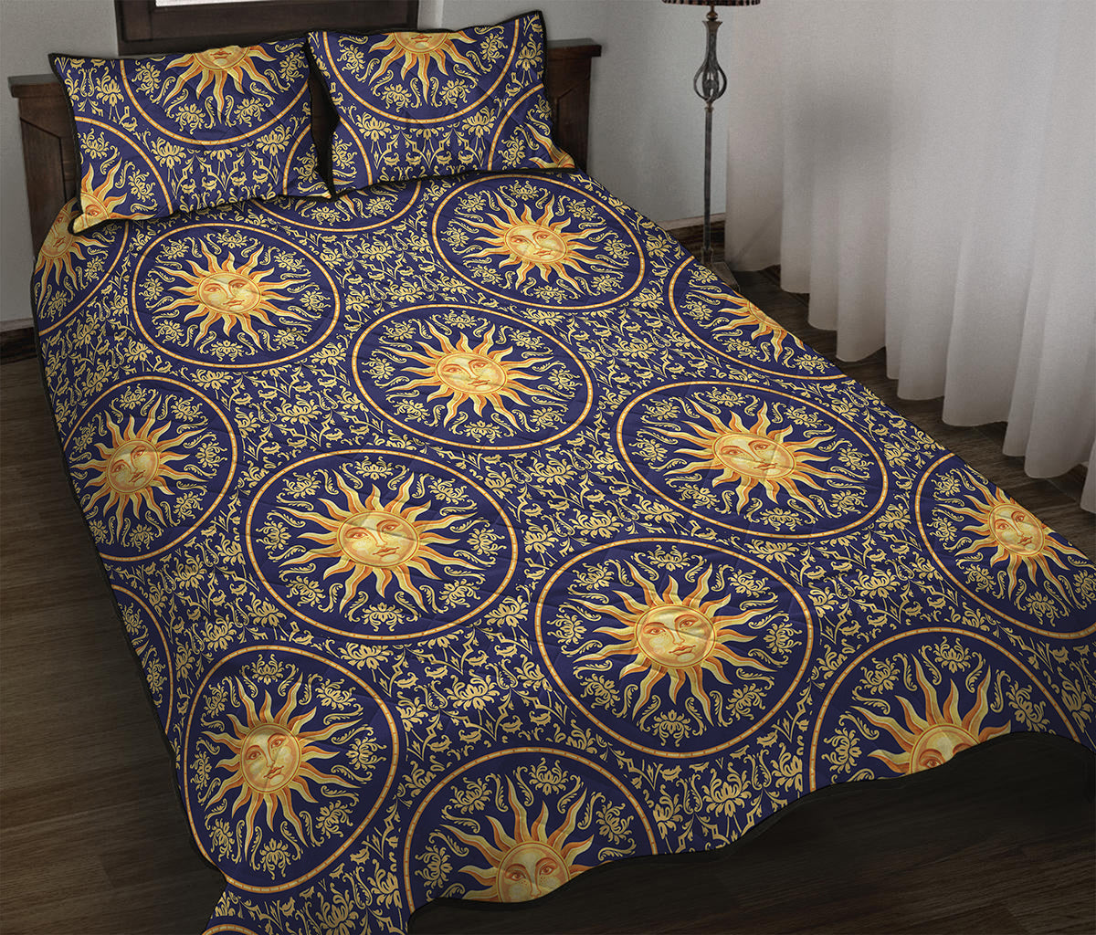 Blue And Gold Celestial Pattern Print Quilt Bed Set