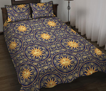 Blue And Gold Celestial Pattern Print Quilt Bed Set