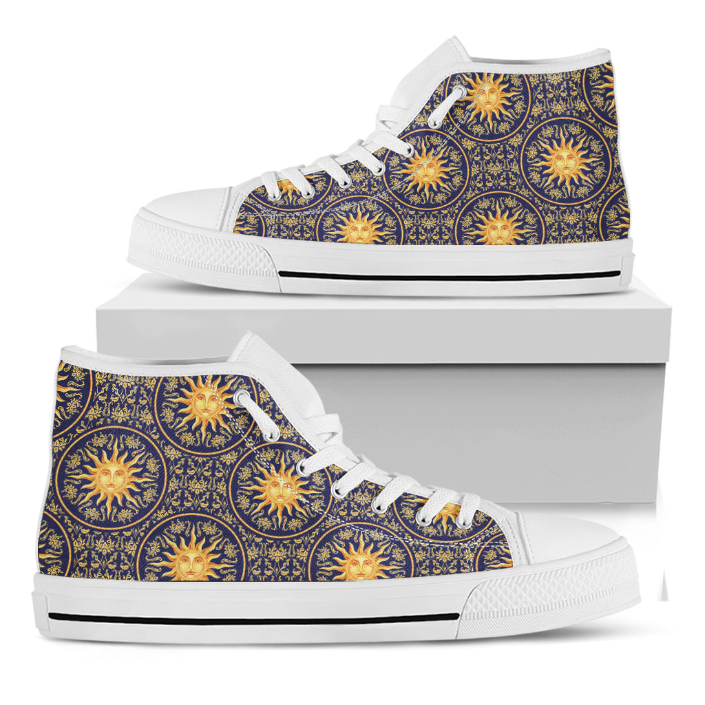 Blue And Gold Celestial Pattern Print White High Top Shoes