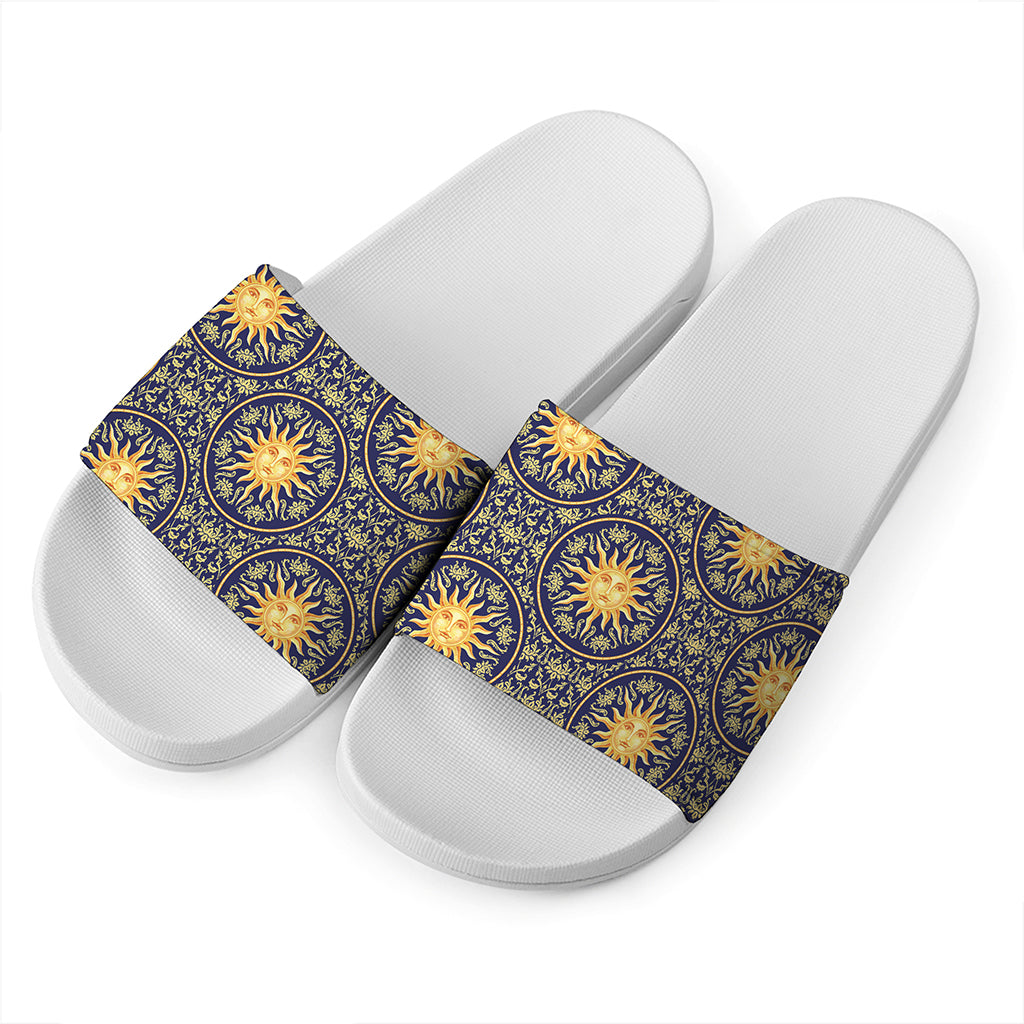 Blue And Gold Celestial Pattern Print White Slide Sandals