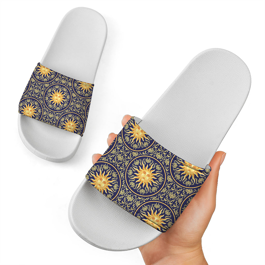 Blue And Gold Celestial Pattern Print White Slide Sandals