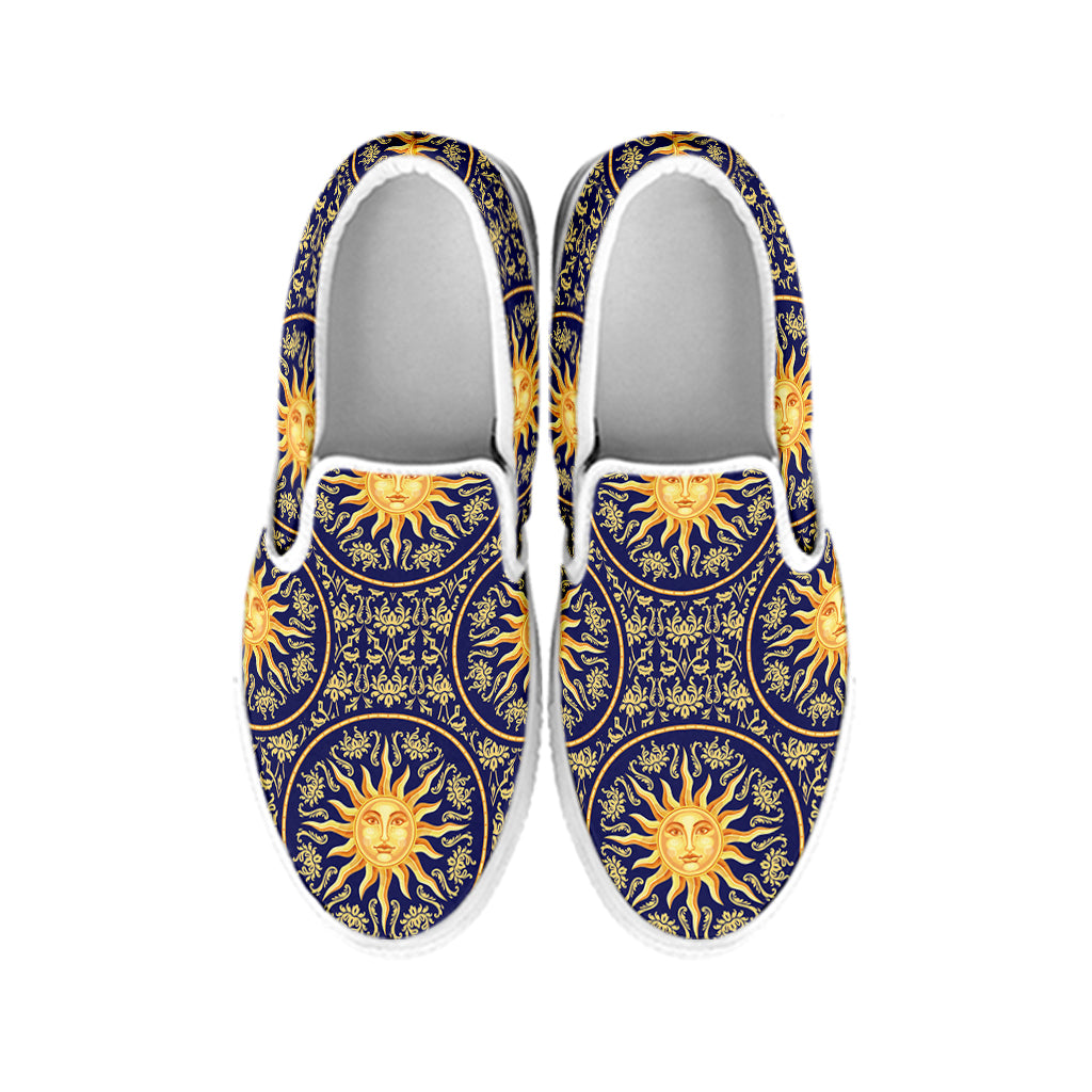 Blue And Gold Celestial Pattern Print White Slip On Shoes