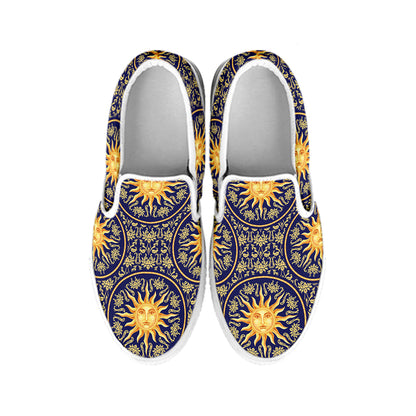Blue And Gold Celestial Pattern Print White Slip On Shoes