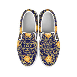 Blue And Gold Celestial Pattern Print White Slip On Shoes