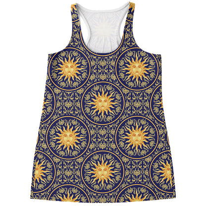 Blue And Gold Celestial Pattern Print Women's Racerback Tank Top