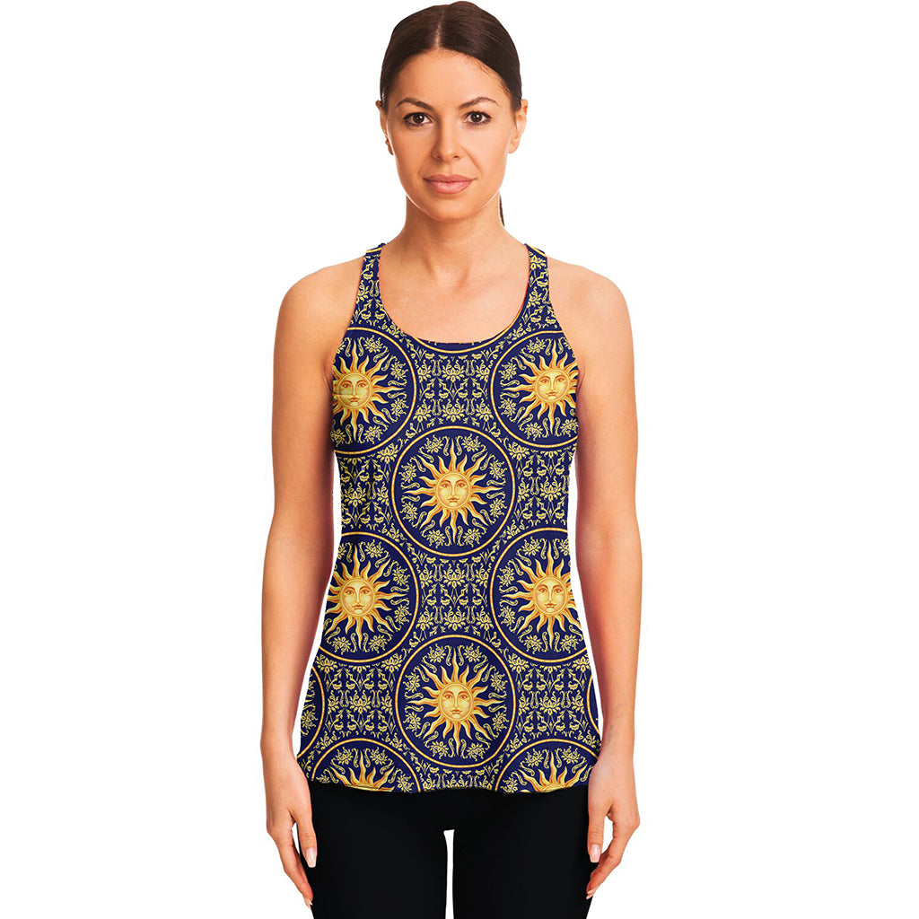 Blue And Gold Celestial Pattern Print Women's Racerback Tank Top