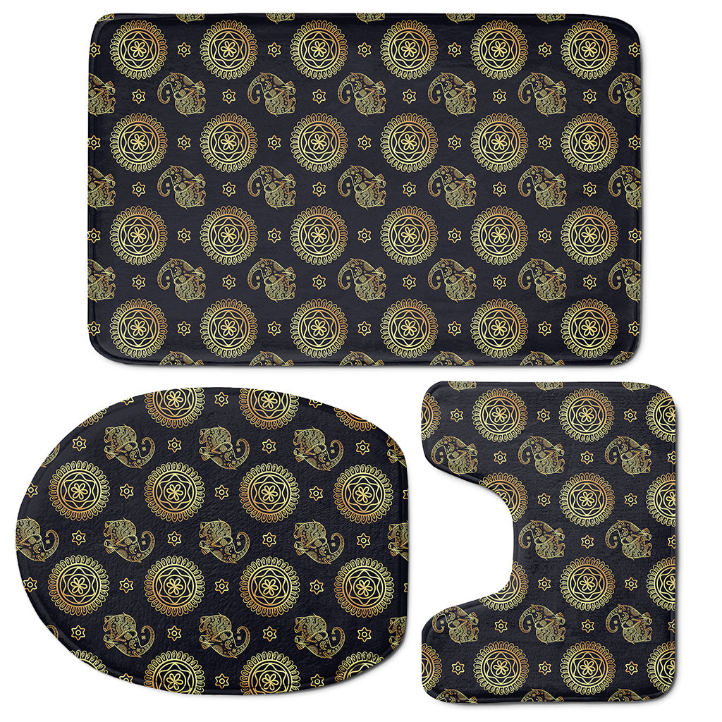 Blue And Gold Tribal Elephant Print 3 Piece Bath Mat Set