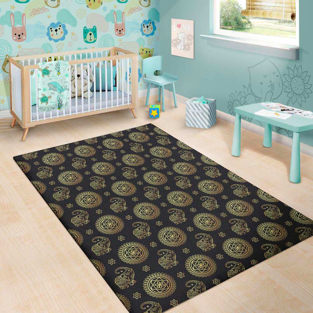 Blue And Gold Tribal Elephant Print Area Rug